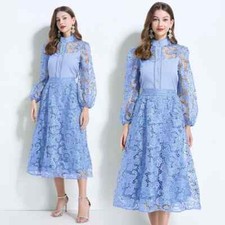 Vestito Completo Donna Set Tailleur Top Camicia Gonna Lunga Blu Pizzo 34627