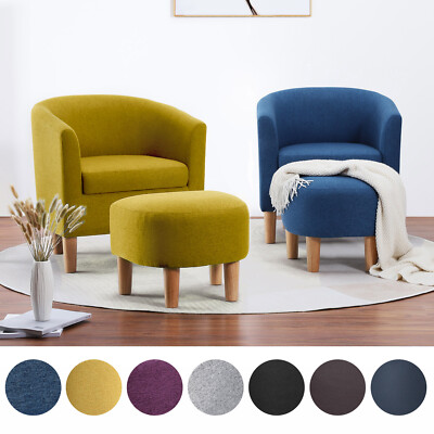 Upholstered Faux Leather Armchair Linen Blend Accent Sofa Arched Back W/ottoman