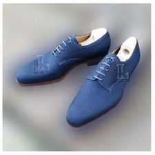 Handmade Men's Blue Brogue Suede Lace Up Genuine Leather Dress Shoes, Sale  
