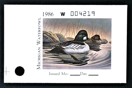 1986 Michigan Duck Stamp with "hole" tab, #MI11 Goldeneyes, $$$ Below Face $$$ - Afbeelding 1 van 2