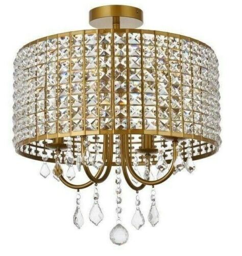 Chandelier Flush Mount Light Fixture Round Shade with Crystals Brass Dining Room - Picture 5 of 9