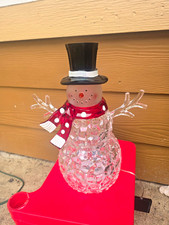 Lighted LED Clear Snowman Figurine 11in Glitter Top Hat Polka Dot Scarf