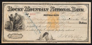 1868 Rocky Mountain National Bank Central City CO Territory $4 500 Certificate