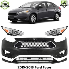 Front Bumper Cover Primed Plastic & Headlights Kit For 2015-2018 Ford Focus