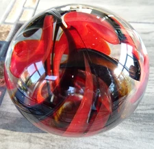 Signed Richard Olma Studio Art Glass Red & Black Swirl Paperweight 1989