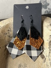 Handmade Buffalo Plaid Black Orange Dangle Earrings Fall Gift New