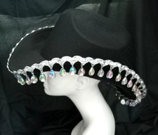 Black Cowboy Hat AB Rhinestone Teardrops Silver Edge Wedding Party  1080