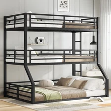 Twin-over-Twin-over-Full Metal Bunk Bed - Safety Rails, Noise-Reduced, Black