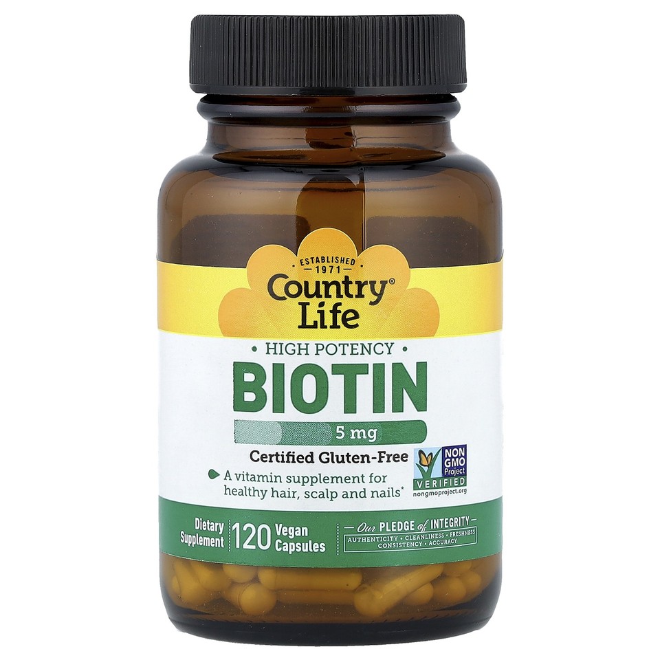 Country Life Biotin High Potency 5 mg 120 Vegan Caps Gluten-Free, GMP Quality