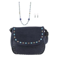 Canyon Sky Embroidered and Studded Denim Crossbody Bag and Jewelry Set
