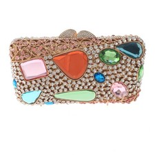 Gold Tone Alloy Metal Rhinestone Crystal Clutch Evening Bag HB6295-MUL
