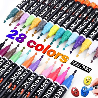 28 Colors Acrylic Paint Markers, 2mm Fine Tip Permanent Paint Pens - Quick Dry,