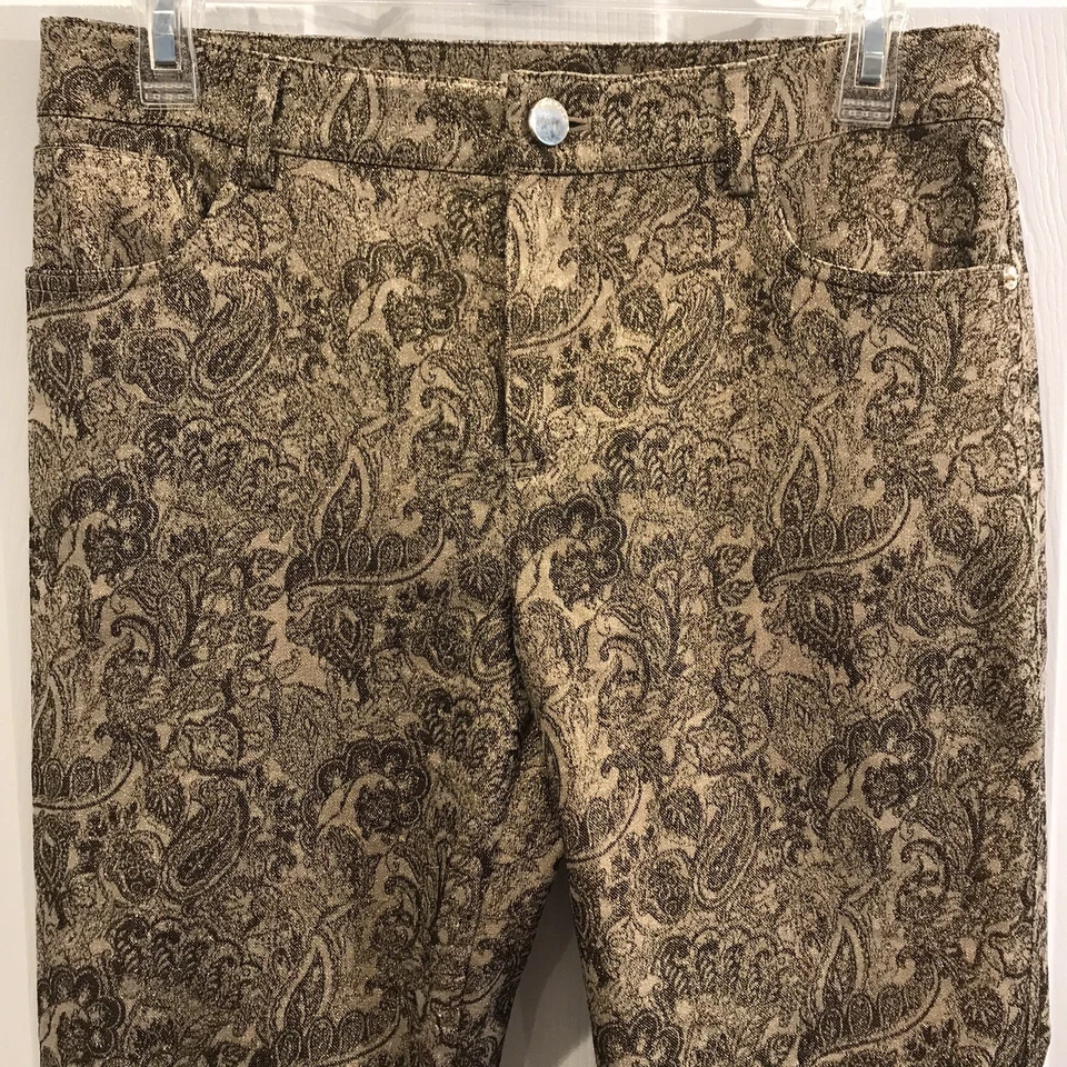 Calça jacquard Alice + Olivia dourada metálica paisley cintura média bolsos cropped tamanho 6 - Imagem 3 de 4