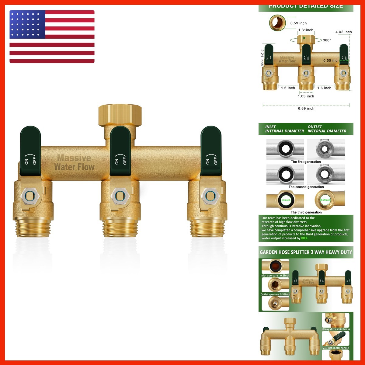 LNEZCDB 3 Way Hose Splitter 3/4-Inch GHT Thread - Green