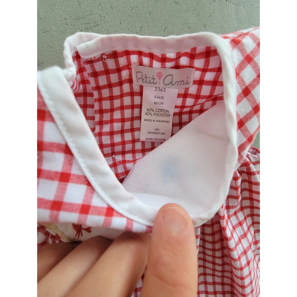 Vestido de Verano Petit Ami Rojo Guinga Bordado Náutico Pez Ancla Cangrejo Picnic Foto 3 de 4