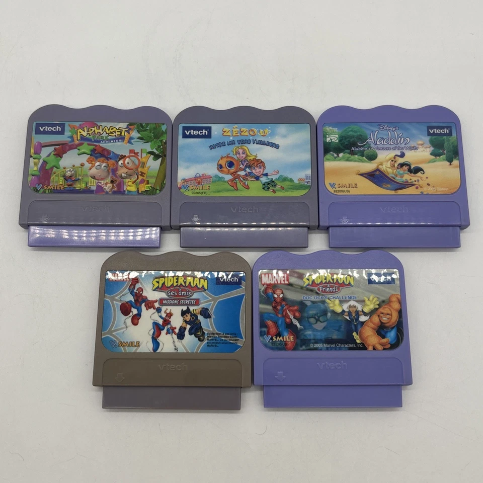 Lot of 5 Vtech V Smile Cartridge Games Spiderman Aladdin English French Untested - Image 2 of 4