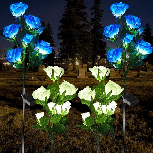 4 Pcs Solar Flowers Cemetery Grave Decorations Outdoor LED Flower Lights with...