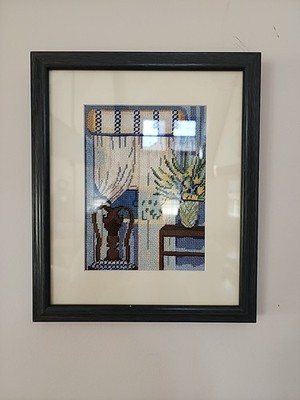 Framed Needlepoint Folk Art FEDERAL INTERIOR. NANTUCKET? NEW ENGLAND