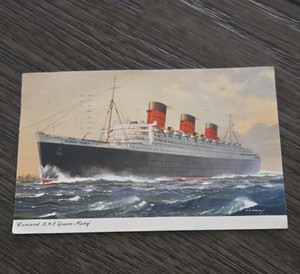 Cunard R.M.S. Queen Mary Ocean Liner Postcard, Posted at Sea