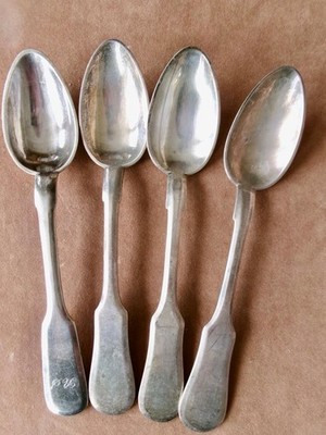 Antique Fraget Norblin Plaque 4 Silverplate Teaspoons Poland Tsar Eagle Mark
