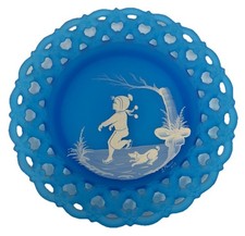 Westmoreland Mary Gregory Style Blue Satin Glass Plate 1978 Child Dog Ice Skatin