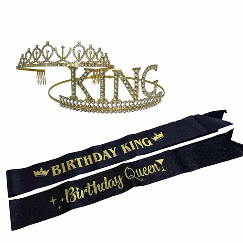 Birthday King and Queen Sash Set | Gold Tiara & Crown Black Glitter Sashes Adult