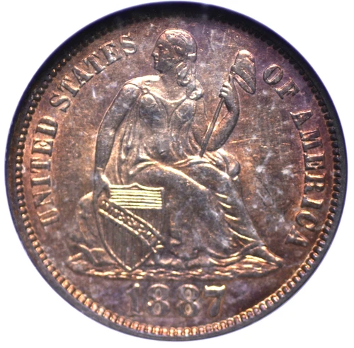 1887 SEATED LIBERTY DIME NGC MS 62 FLASHY LUSTROUS HARD CINNAMON CANDY PATINA
