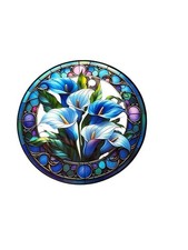 NEW acrylic suncatcher stained glass BLUE FLOWERS 8 INCHES ROUND CIRCLE