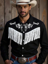 Camisa Negra Vaquera de Hombre decoraci n con flecos Casuales Manga Larga