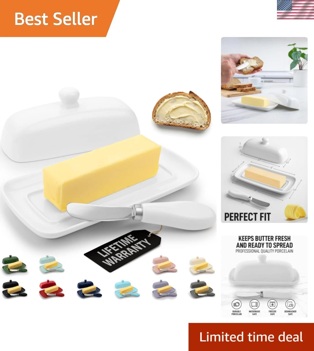 Ceramic Butter Dish with Lid For Countertop & Stainless Steel Knife – Keeps B...