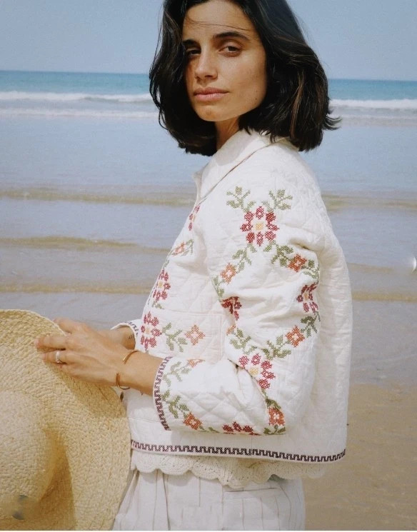 NWT Christian Lacroix Floral Embroidered Button Down Ivory Cotton