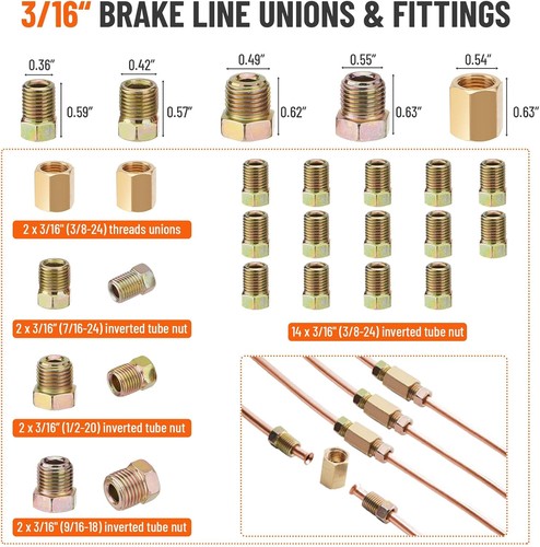 3/16 + 1/4 25FT Copper Brake Line + Flaring Tools + 44 Nuts Fittings Repair Kit - Picture 5 of 14