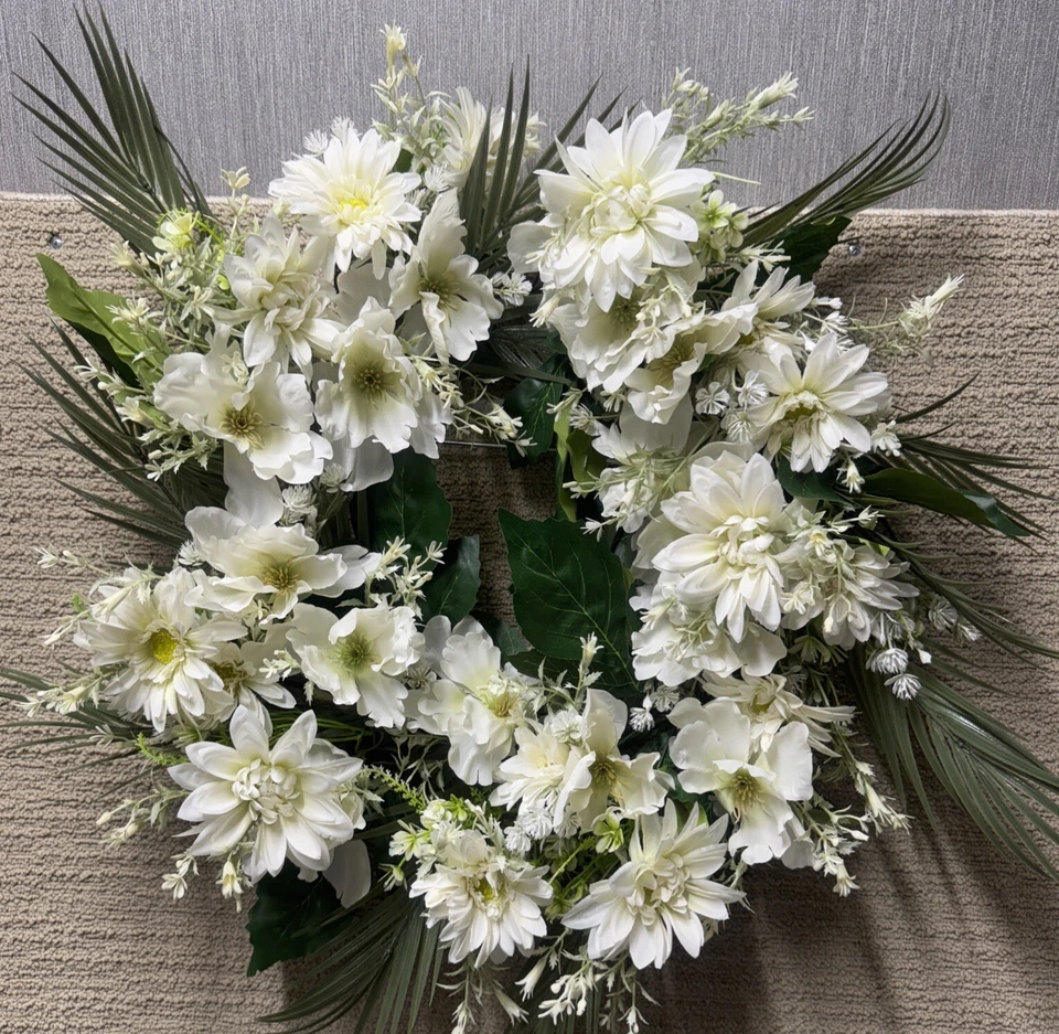  Spring Door Wreath 22-24" White Dahlia Chrysanthemum Floral Wedding Decor - Image 2 of 4
