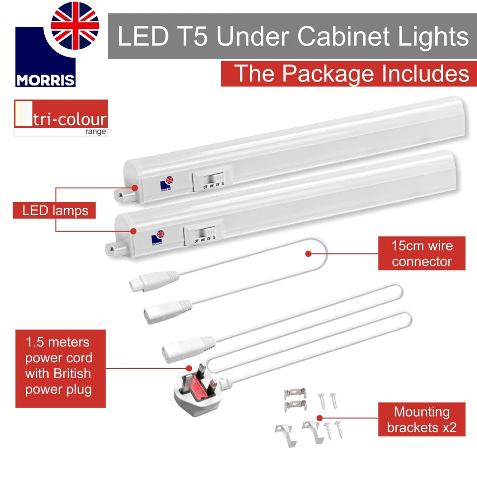 LED Under Cabinet Light 288mm T5 Linkable 3 in 1 3000k 4000k 6500k Pack of 2 - Image 2 of 4