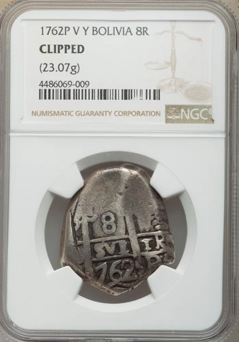 Bolivia COB 1762P V Y 8 Reales NGC CLlPPED - CABINET TONING