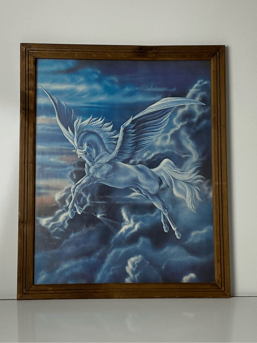 VTG 80's Unicorn Pegasus Wall Picture Original Wood Frame 18