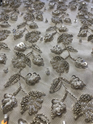 Floral silver and ivory beaded Italian lace fabric - Picture 2 of 6