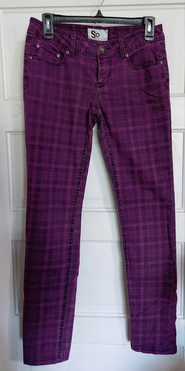SO Brand Purple & Black Jean Pants Plaid Checkered Zip 5
