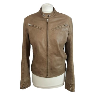 Conbipel Vera Pelle Womens Real Leather Bomber Jacket Brown Size 42 Zip Up