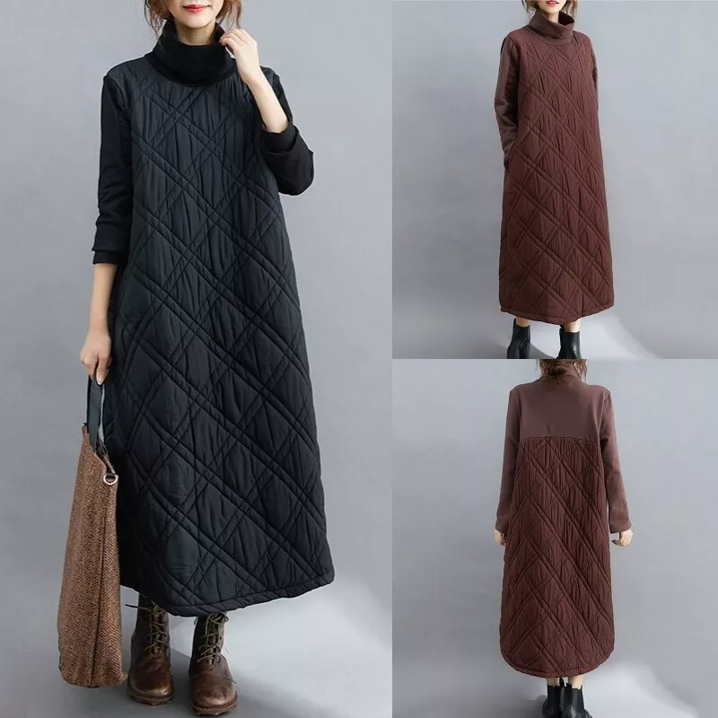 Women Winter Long Dresses Quilted Padded Long Sleeve High Neck Splice Loose