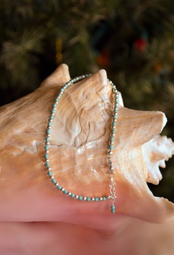 3mm Turquoise and 3mm Sterling Silver Bead Ankle Bracelet 7 to 9 Inches - Picture 9 of 12
