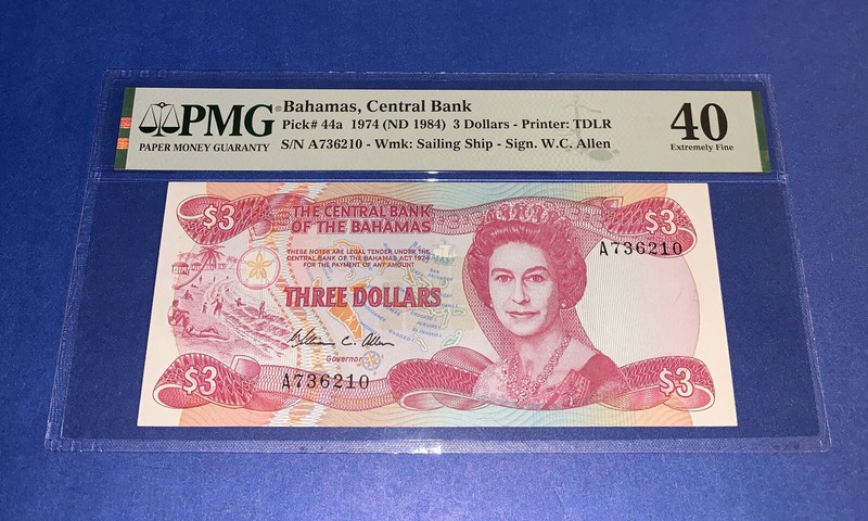 PMG Bahamas, Central Bank $3 Banknote 1974 p44a XF 40