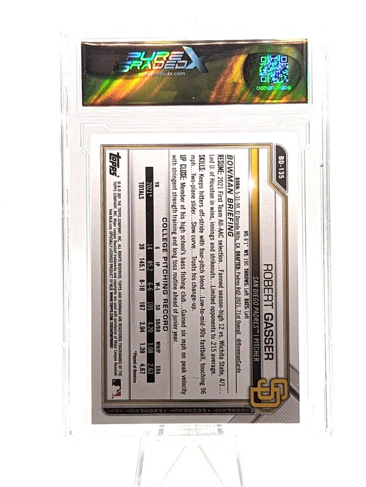 Robert Gasser #BD-135 2021 Bowman Draft 1st Edition Padres Prospect Graded 9.5 - Image 4 of 4