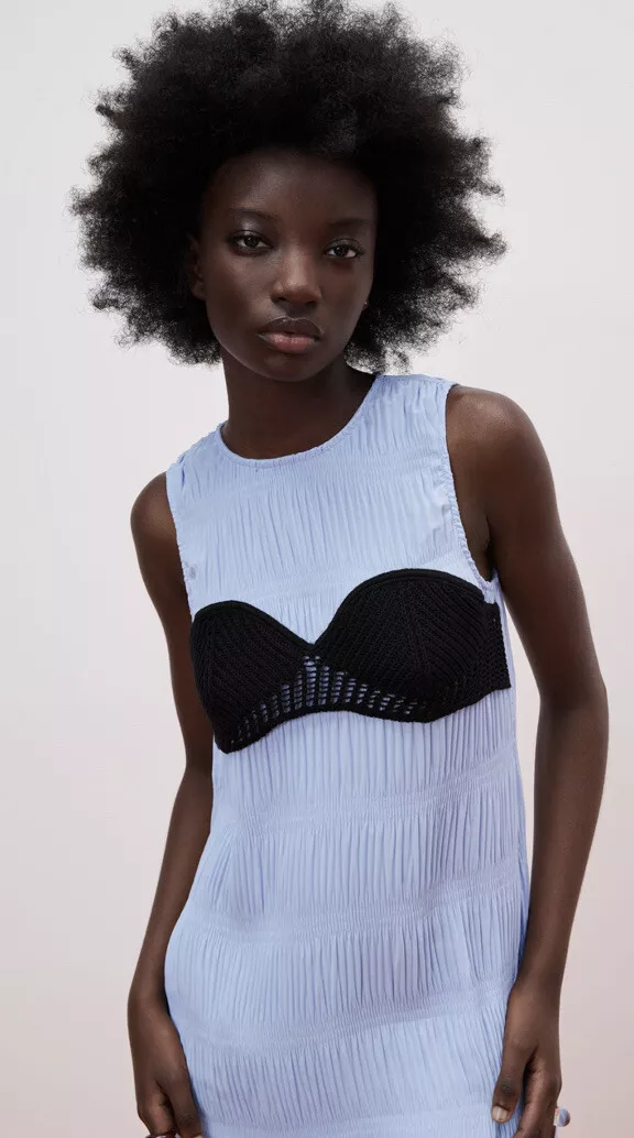 Crochet detail top pleated dress white