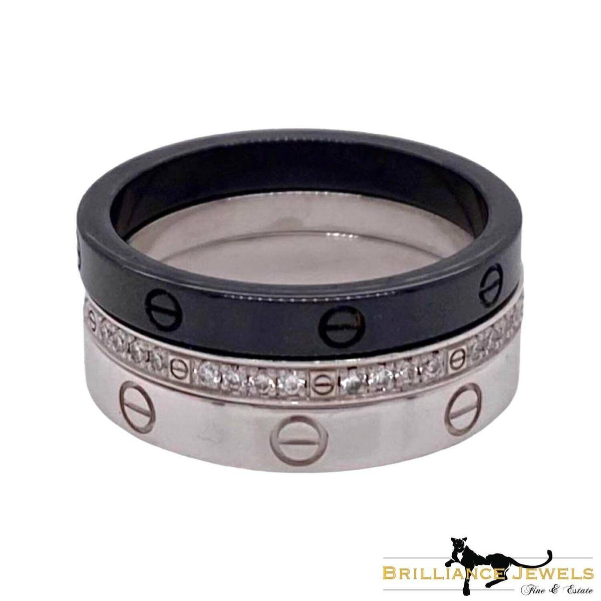 Cartier Love Ring SET of Three 18k White Gold and Black Cartier Love Ring SET of Three 18k White Gold and Black