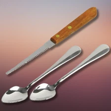 Set of 2 Grapefruit Spoons and 1 Grapefruit Knife Stainless Steel Serrated Ed...
