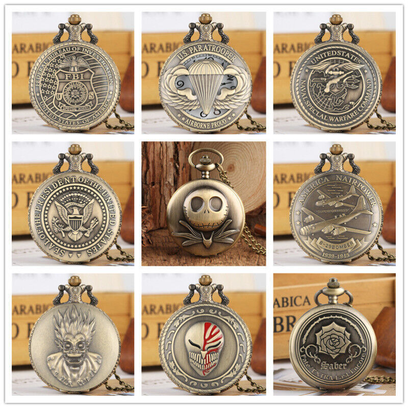 Steampunk Bronze Antique Men's Analog Quartz Pocket Watch with Necklace Chain