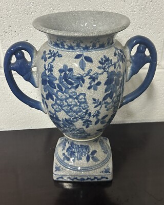 Große Vintage Vase in blau-weißer Balusterform mit zwei Henkeln 