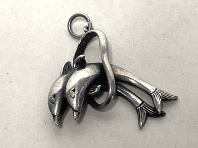 925 Sterling Silver Dolphin Pendant Charm 1'' Double Dolphin Ocean Jewelry 4g