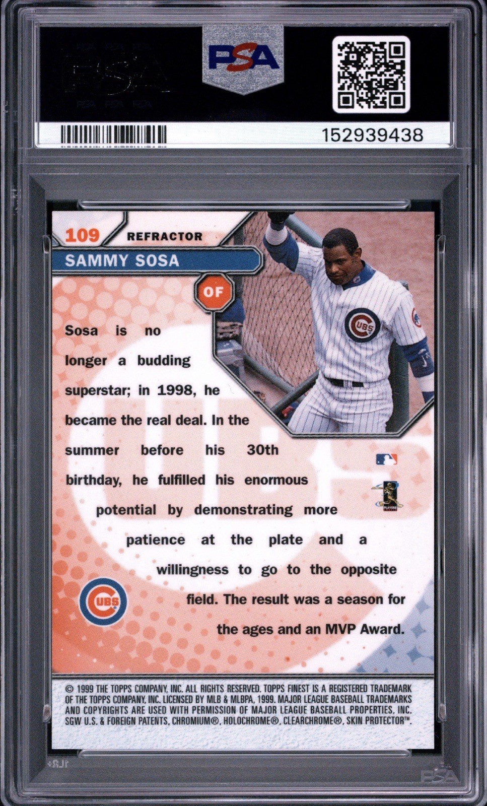 1999 Topps Finest Sammy Sosa Refractor #109 Cubs PSA 10 GEM MINT view 2